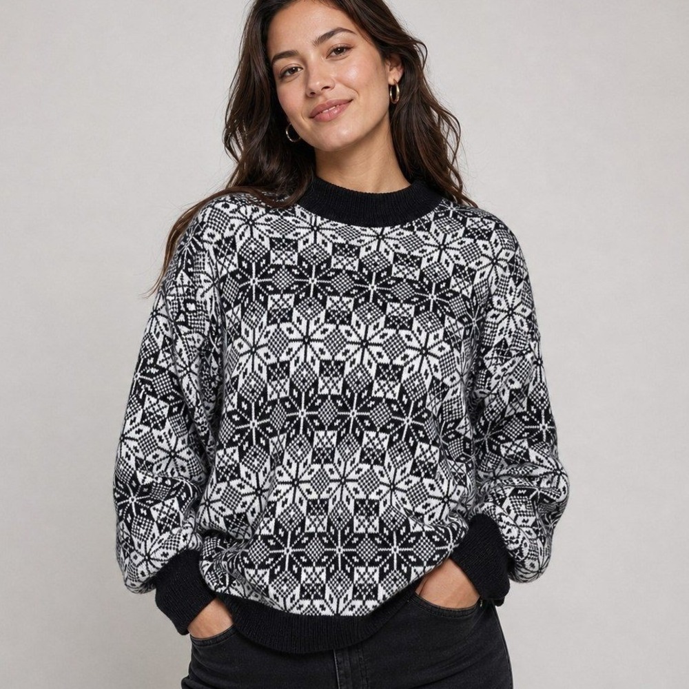 VTG American Pride Women Fair Isle Snowflake Mock Neck Knit Sweater  Holiday
